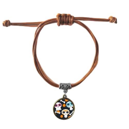 Bracelet crâne Fleur du Mexique en cuir double pour couple