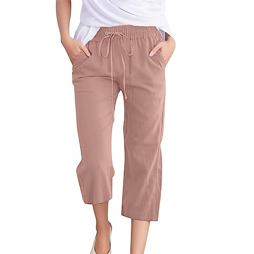 Capri Pants for Women Casual Summer Cotton Linen Baggy Trousers Drawstring Elastic Lounge Pants with Pockets