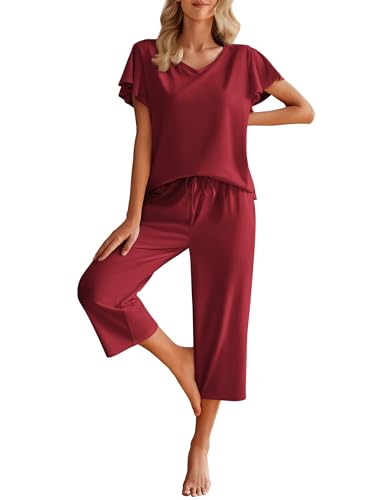 Image of Ekouaer Womens Cotton Pajamas Sets Short Sleeve Capri Pants with Pockets