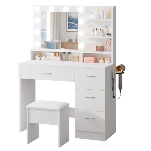 Image of LIVELYGLOW White Makeup Vanity Desk with Charging Station & 4 Drawers | 10 LED Bulbs, HD Mirror, Cushioned Stool, Hairdryer Rack