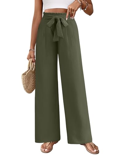 Women's Wide Leg Lounge Pants with Pockets Lightweight High Waisted Adjustable Tie Knot Loose Trousers