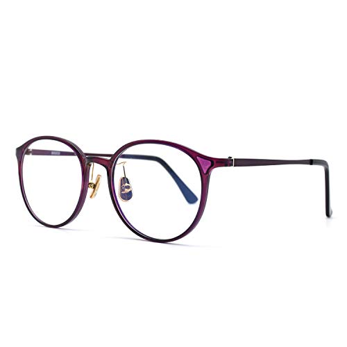 Lentes de marco transparente con círculo púrpura para descanso visual y confort