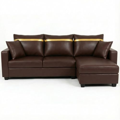 Image of FURNY Arossa 4 Seater Leatherette RHS L Shape Sofa Set (Brown) Premium Velvet Finish| Durable Comfort Ideal for Living Room