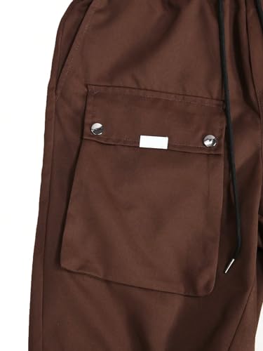 OYOANGLE Men's Streetwear Drawstring Waist Button Side Flap Pocket Crago Pants Trousers3