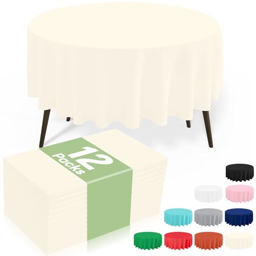 Image of misaya 12 Packs Disposable Plastic Table Cloth, 84 inch Round Waterproof Tablecloth, Leakproof & Sturdy Decorative Table Covers for Picnic, Party and Outdoor, Beige