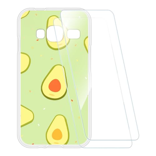 ESCAMOT Funda Estampada + 2 Protectores de Pantalla Vidrio Templado Compatible con Samsung Galaxy J1 Mini Prime, Carcasa Suave Antigolpes y Película HD (Aguacate)