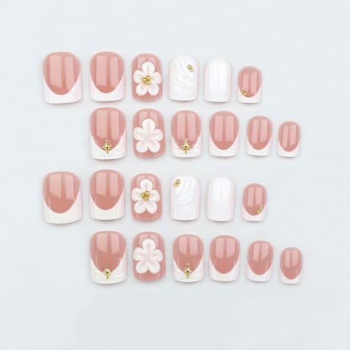 Image of White Press on Nails Short Square fake Nails 3D Flower Nail Press ons 24Pcs | White French Tip False Nail with Star Design Glossy Full Cover Stick on Nail for Women Daily Manicure,Easy Apply,Reusable
