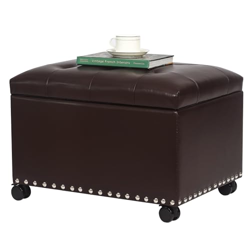 Image of Joveco Leather Storage Ottoman with 360 Caster Wheels 24 inch Foot Rest Bench Rectangle Ottomans Stool for Living Room Bedroom (Brown, Wheels)