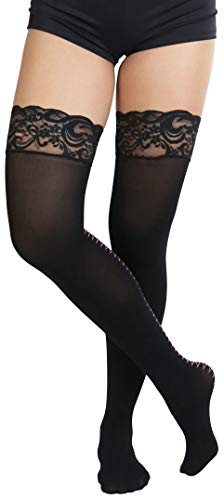 Image of ToBeInStyle Women's Lace Up Back Seam Tights Sheer or Opaque Hosiery Stockings Crisscross Lace Ribbon Zigzag Design