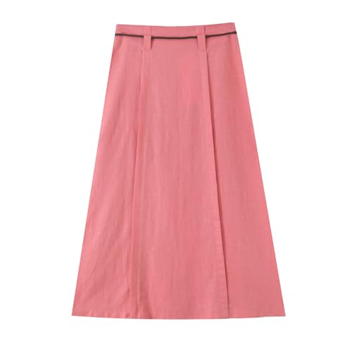 Women's Stylish Linen Blend A-Line Midi Skirt with Tie Belt and Vent Hem, High Waist Side Zipper Closure2