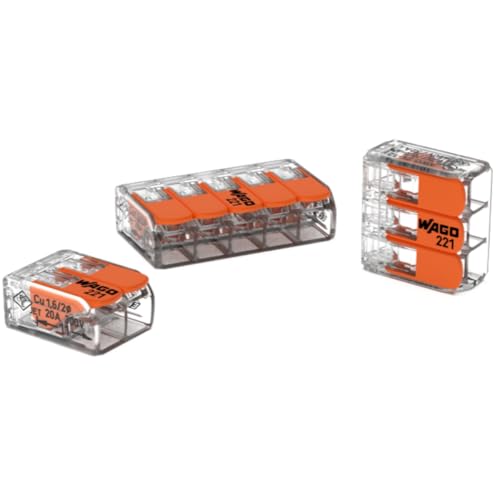 Wago, Lot de 50 Bornes à Levier Série 221 pour Connexions Électriques Rapides et Sûres, Compatible Fils Rigides/Semi-Rigides/Souples 0,14-4 mm², Tension...