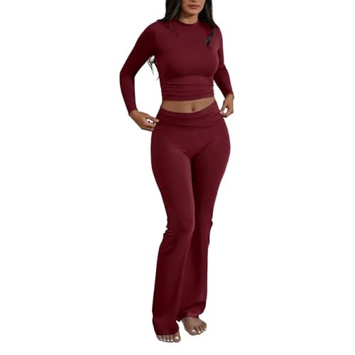 COPYLEAF Two Piece Lounge Sets for Women Fold Over Flare Pants Short Sleeve Crop Top Y2k Outfits Matching Set Tracksuit