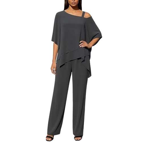 Conjunto de dos piezas para mujer con hombro irregular y pantalones casuales
