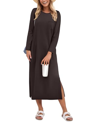 Image of ANRABESS Womens 3 /4 Sleeve Midi T Shirt Fall Dresses | Striped Solid Floral,Long Sleeve Slit Crew Neck &Chest Pocket,2026 Fall Outfits,Casual Travel Vacation Clothes,Summer Spring