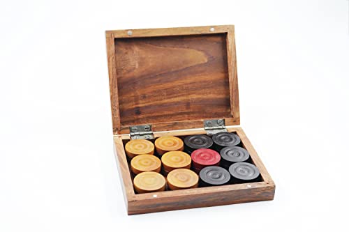 Image of Synco Premia Carrom Board Coins Come in sheesham Box Wooden Carrom Coins 24(11 Brown + 11 Black + 2 Red)