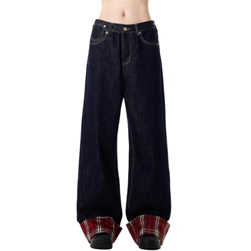 GUOYUXIAO Men's Jeans Retro Checkered Denim Pants American-Style Relaxed Straight-Leg Trouser for Men