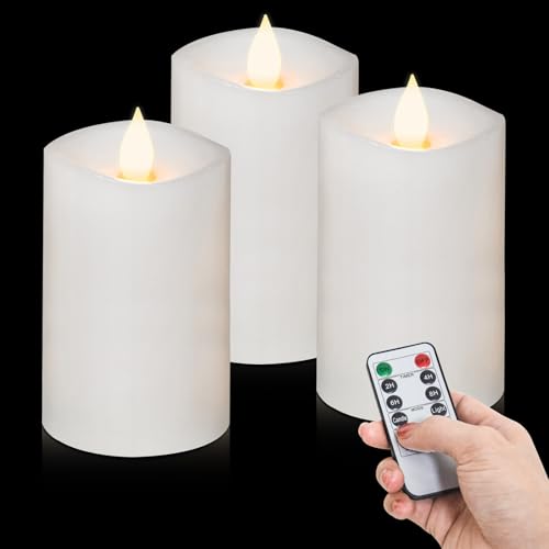 Image of 3PCS, 3 x 5 inches Flameless Candle with Remote Control, 3D Flickering Wick, Real Wax Pillar LED Candles, Battery Candles,with Timer,for Holiday Home Decor,White