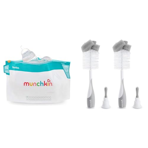Image of Munchkin Microwave Steam Sterilizer Bags, Bottle Brush 2 Pack - Includes Sterilize Bags 6 Pack, 30 Uses Each and Sponge Nipple Brushes, Grey, 2 Count