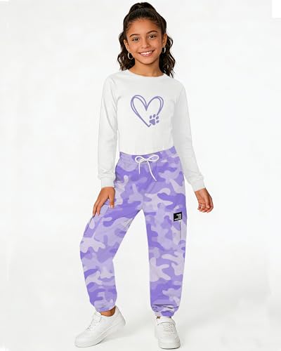 Image of Betusline Girls Fall Winter Clothing Sets, Long Sleeve Crop Top & Cargo Jogger Pants 2 Piece Outfit Sets,4T-14Y
