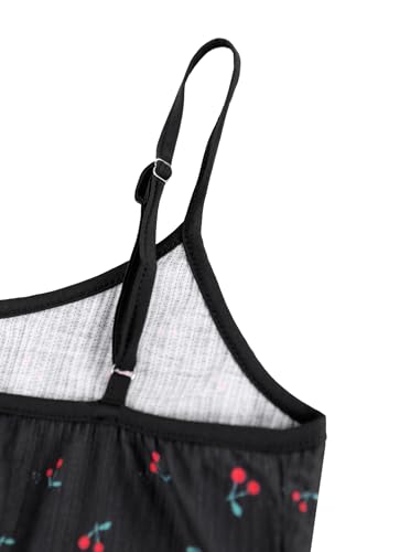 Image of Hilinker Women's 2 Piece Fruit Pajama Set Ribbed Cami Top and Shorts Sleepwear Summer Cute Pjs Black Red Cherry B Medium