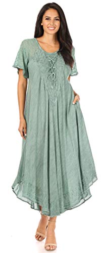 Image of Sakkas Egan Long Embroidered Caftan Dress /Cover Up with Embroidered Cap Sleeves