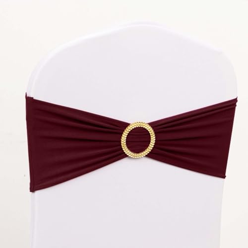 Efavormart 5 Pack Burgundy Spandex Chair Sashes with Gold Rhinestone Buckles, Elegant Stretch Chair Bands and Slide On Brooch Set - 5\"x14\"