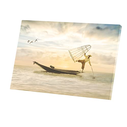 Affiche pêcheur traditionnel indonésien et panier décoration murale 60x40
