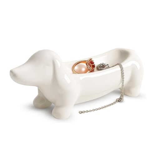 Bandeja Decorativa de Cerámica Perro Salchicha, Vaciabolsillos Recibidor Blanco Minimalista, Plato para Joyas, Anillos y Llaves, Decoración Hogar Elegante, Regalo Ideal, Fácil de Limpiar (15,5x4,5cm)