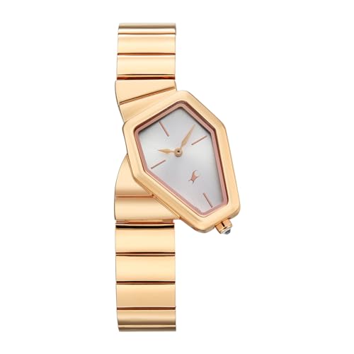 Image of Fastrack Wild Viper-Inspired Unique Shaped Silver Dial IP Rose Gold Stainless Steel Strap Watch for Women - 6323WM02