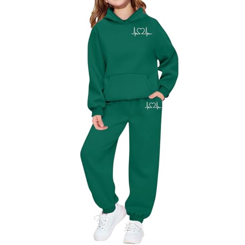 Image of duxyoz Girls Sweatsuit 2 Piece Jogger Sets Kids pullover Sweatshirts & Sweatpants Tracksuits Set winter warm casual outfit hoodies trousers suit Green 9-10 Years