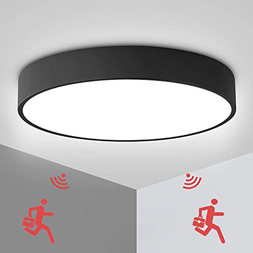 Plafonnier LED avec Détecteur de Mouvement Lampe de Plafond Slim Rond Moderne avec Capteur de Lumière du Jour pour Couloir Balcon Garage Entrée 12W 1200LM Blanc Froid 6000K Lampe de Lumière ,30CM Cover