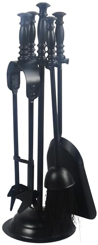 5pc Companion Set Black Traditional Fireplace Indoor Wood Burner Accessories Tools Metal Iron Poker Broom Shovel Tongs with Stand 16 Long