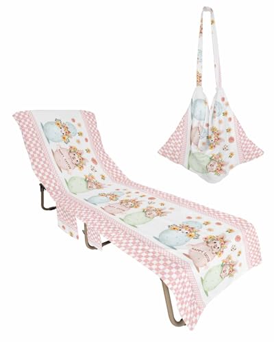 Easter Eggs Rabbits Beach Chair Towel Covers for Chaise Lounge with Side Pocket, Soft Plush Pool Towels Cover for Patio Sunbathing Outdoor 29''x85'' Cute Bunny Flower White Pink Lattice
