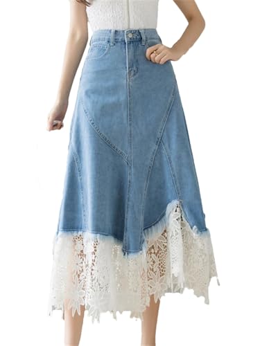 Women Patchwork Lace Skirt Hollow Out Jean High Waist Skirt Zipper Midi Denim Skirt