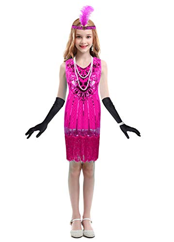 Girls 1920s Vintage Sequined Gatsby Fringed Flapper Dress Roaring 20s Party Dress (Hot Pink, X-Large)
