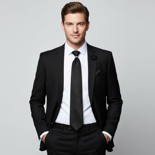 Image of 5PCS Mens Silk Tie, Pocket Square, Cufflinks, Drilled Tie Ring and Lapel Pin Set for Wedding Groom Party