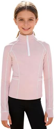 Lorilida Kids Girls Horse Riding Shirts Long Sleeve Shirts for Equestrian Show Half Zip Athletic Yoga Jacket Pink 10 Years