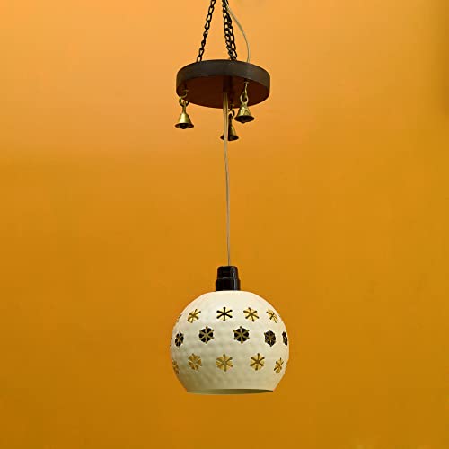 Image of AAKRITI ART CREATIONS Star Glow White Handcrafted Metal Pendant Lamp with Mango Wood Rosette for Living Room Ceiling | Hanging Lights for Bedroom and Dining Table | Modern Hanging Lights | Pendant