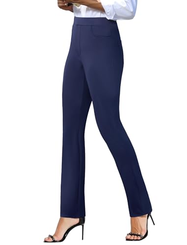 keriffe Women's Stretchy Yoga Dress Pants High Waisted Straight Leg Casual Work Business Office Slacks 4 Pockets Navy Blue