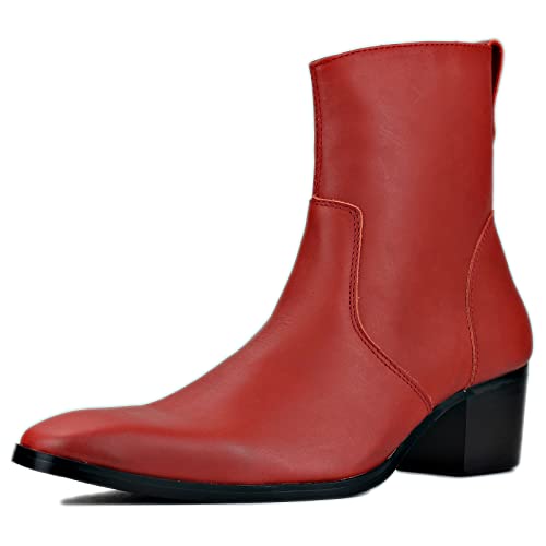 OSSTONE Dress Boot for Men Leather Chelsea Boots Calfskin Casual Heel Shoes Zipper-up OS-JY048-Red-R