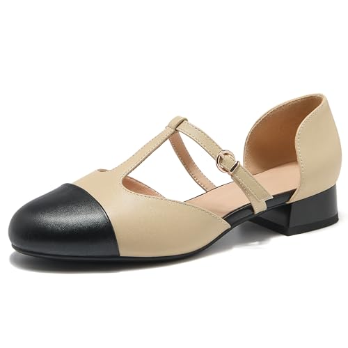 ErikenUrben Women Closed Toe T-Strap Ballerina Flats Bicolor Hollow Out Low Heels Two Toe