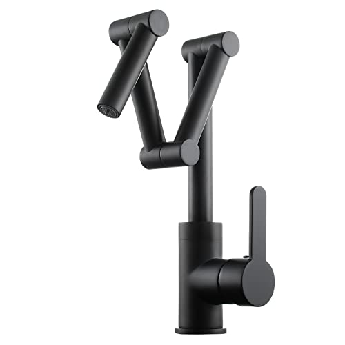 MSHGSKU Grifo de Cocina Plegable de latón, Grifo de Fregadero de Cocina con Tres Brazos Extensibles, Mezclador de Cocina de un Solo Orificio para Agua fría y Caliente, Monomando (Negro)