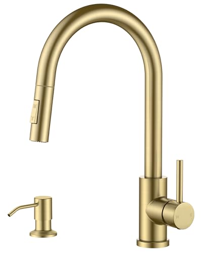 Image of FORIOUS Gold Kitchen Faucet with Pull Down Sprayer, Modern Single Hole Kitchen Sink Faucet with Soap Dispenser, Deck Plate, Single Handle, High Arc Stainless Steel for RV Bar Farmhouse Laundry