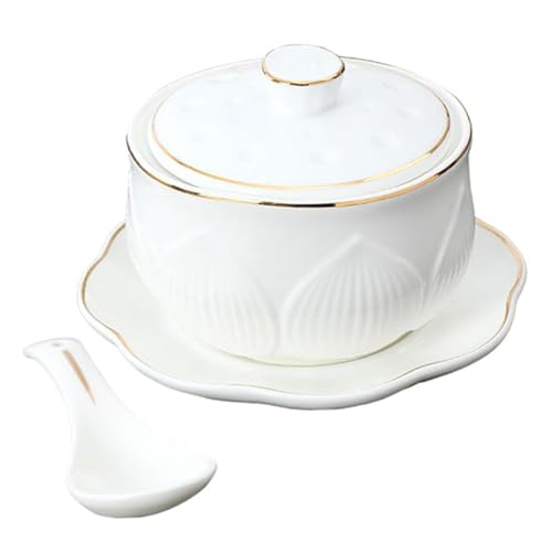 IWOWHERO Ciotola Zuppa in Ceramica con Coperchio Pentola Stufato Piccola e Leggera Scodella per Cottura Vapore e Servizio Design Elegante con Superficie Liscia e Facile da Pulire
