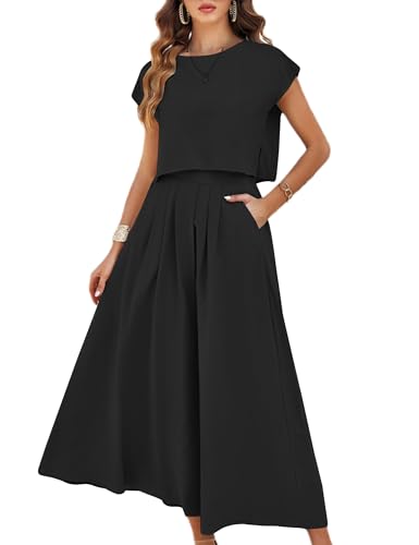Mingzhu Womens 2 Piece Outfits Skirt Set Summer Casual Cap Sleeve Crop Tops Maxi Dress Sets with Pockets