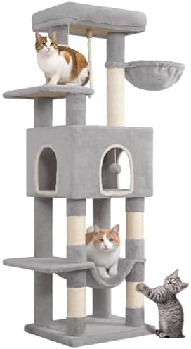 Hzuaneri Arbre à Chat Hauteur 149 cm, Tour de Jeux pour Chats, Griffoir avec Grandes Plateformes, 5 Poteaux à Griffer, 3 Pompons, 1 Hamac, 1 Niche, Multi-Niveaux, Gris Clair MS14918LG