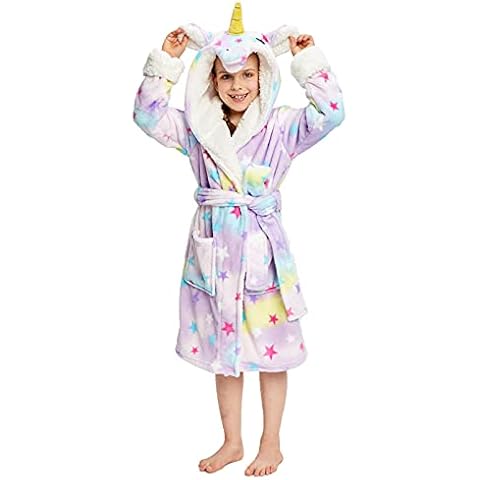 Newcosplay Unisex Kids Animals Plush Soft Unicorn Hooded Bathrobe (Pink-Stars Unicorn, 3-4 Years) Cover