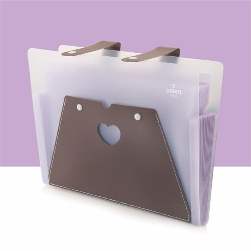 Image of Polen 13-Pocket Expanding File Folder with Handle Straps, Transparent Accordion Document Organizer with Heart-Cut Front Pocket for Certificates, Bills, Receipts & Office Documents.(Purple)