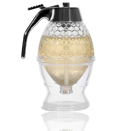 Glass Honey Dispenser, No Drip Honey Jar with Stand, Mess Free Honey Container for Tea, Pancakes, Baking