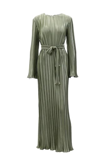 Image of Pluto & Fox Women's Crew Neck Plisse Maxi Dress Long Sleevele Flared Cuffs Belted Pleated Party Cocktail Wedding Guest Dress